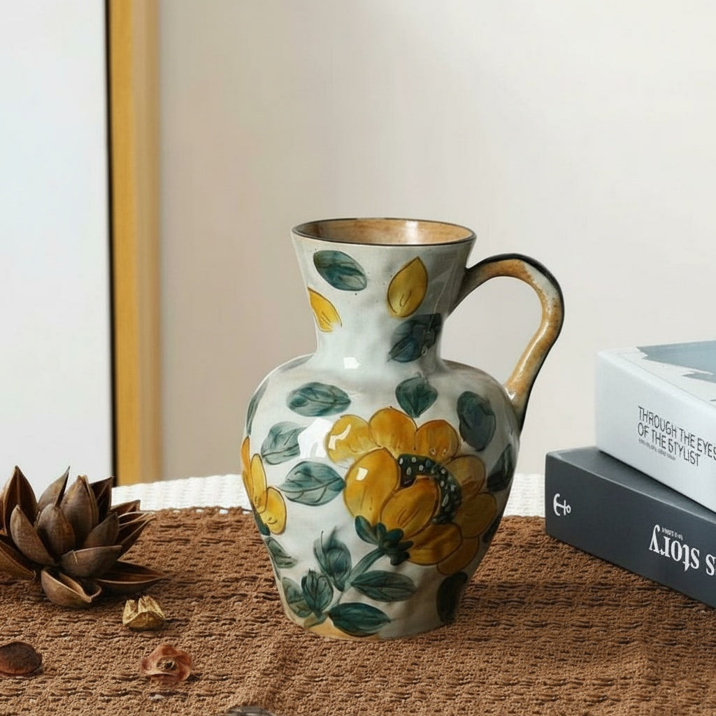 Painted Ceramic Floral Pitcher Vase