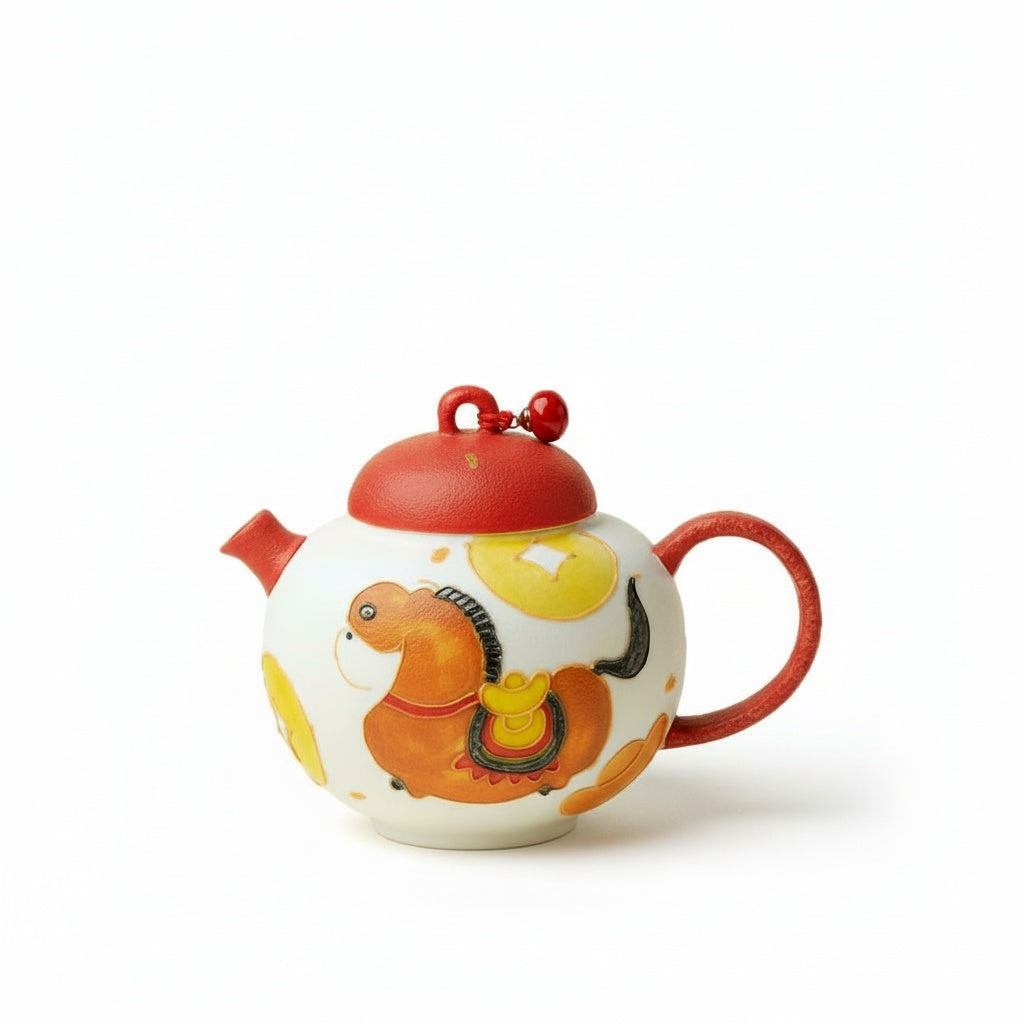 Painted ceramic horse motif teapot side profile