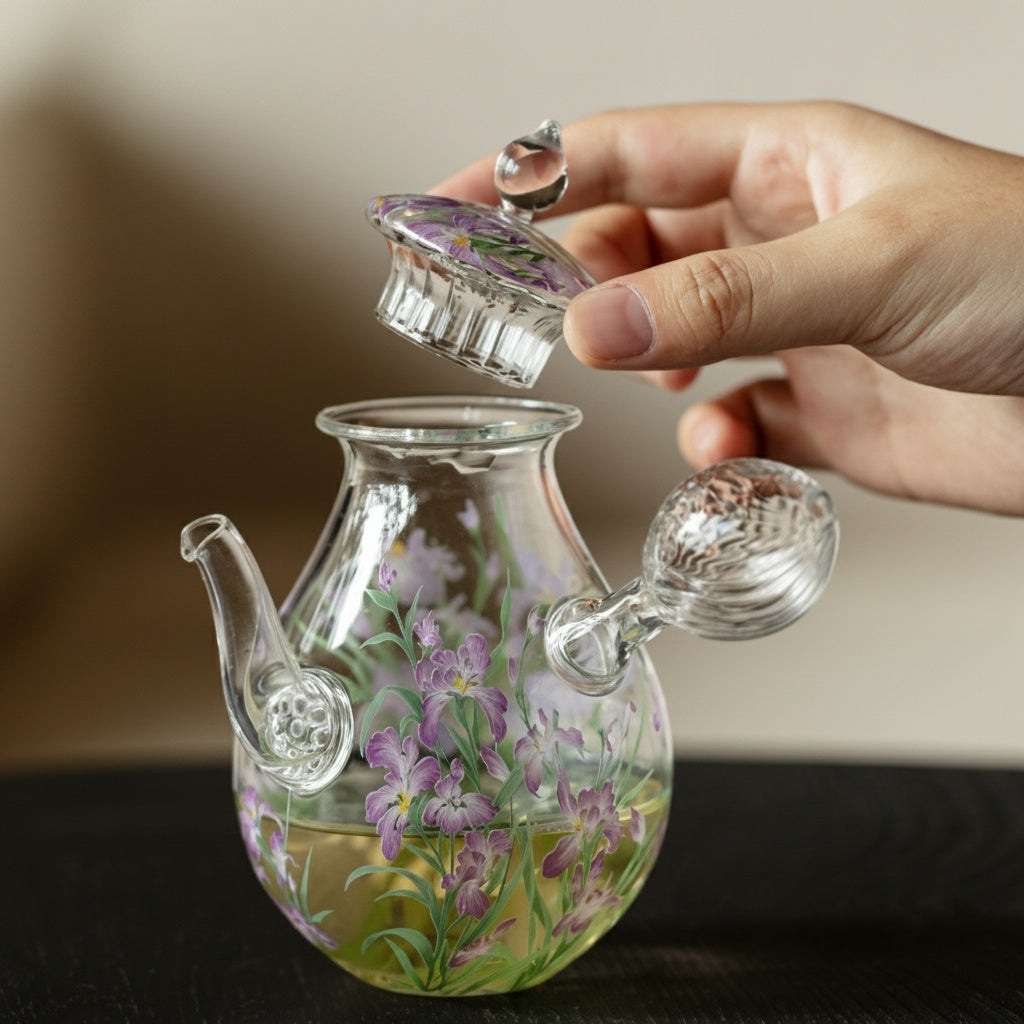 Painted Floral Glass Side Handle Teapot