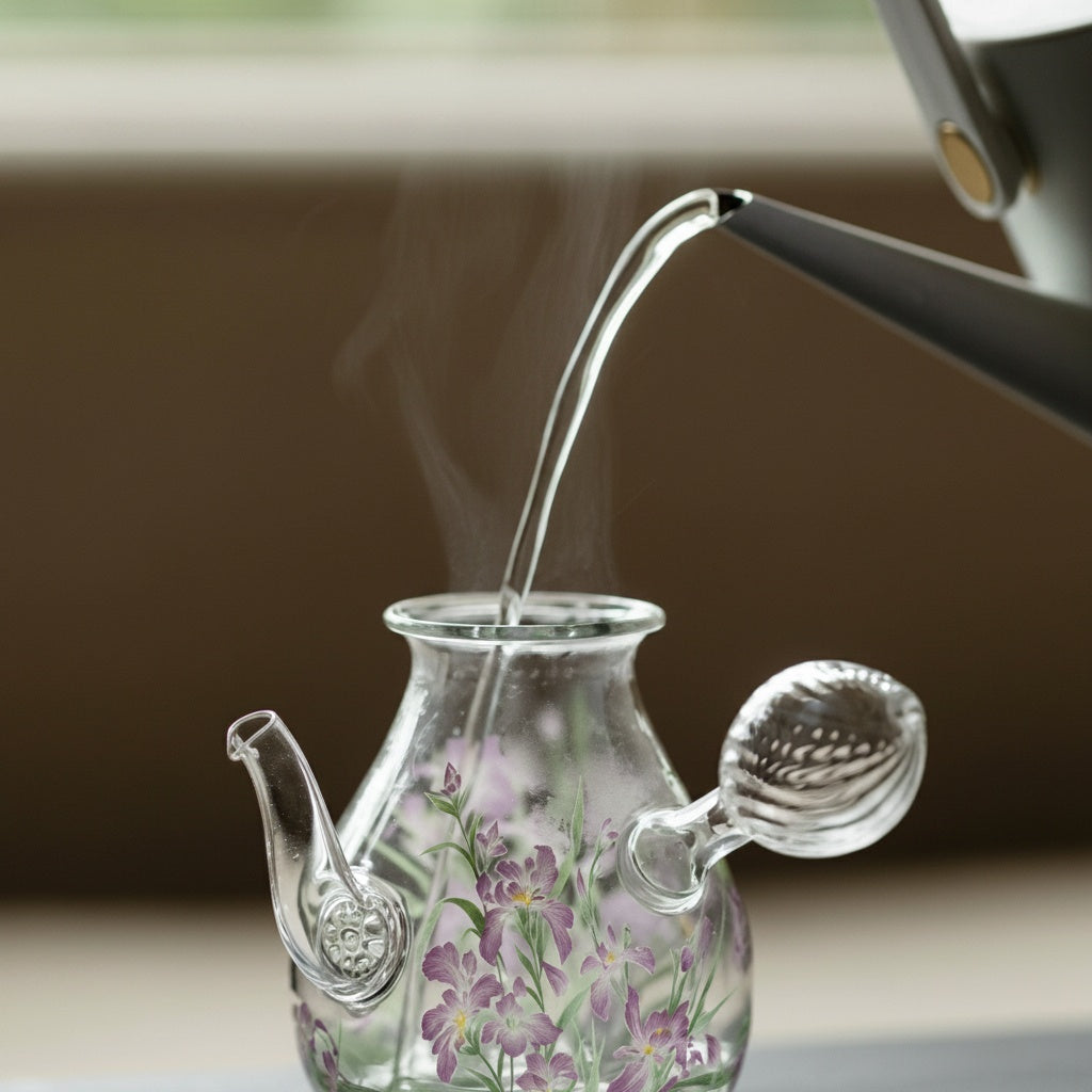 Painted Floral Glass Side Handle Teapot