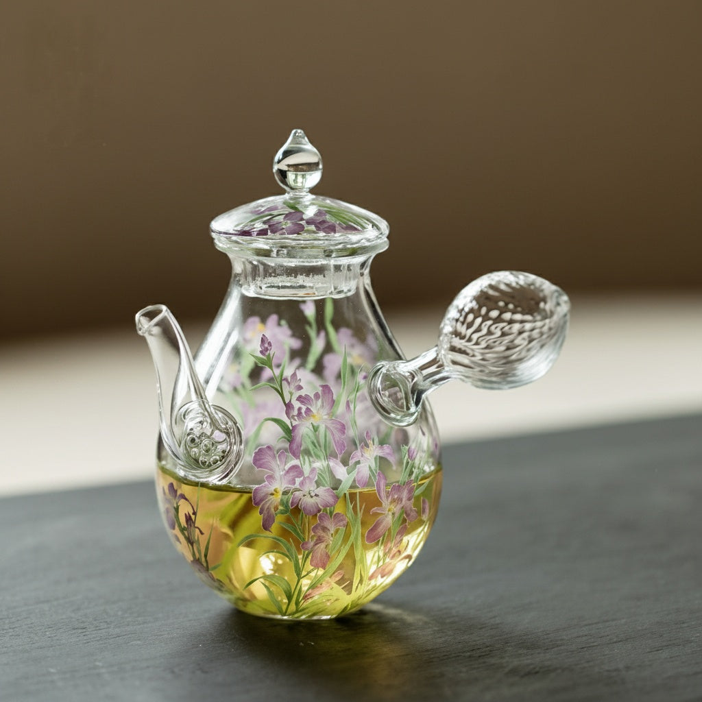 Painted Floral Glass Side Handle Teapot