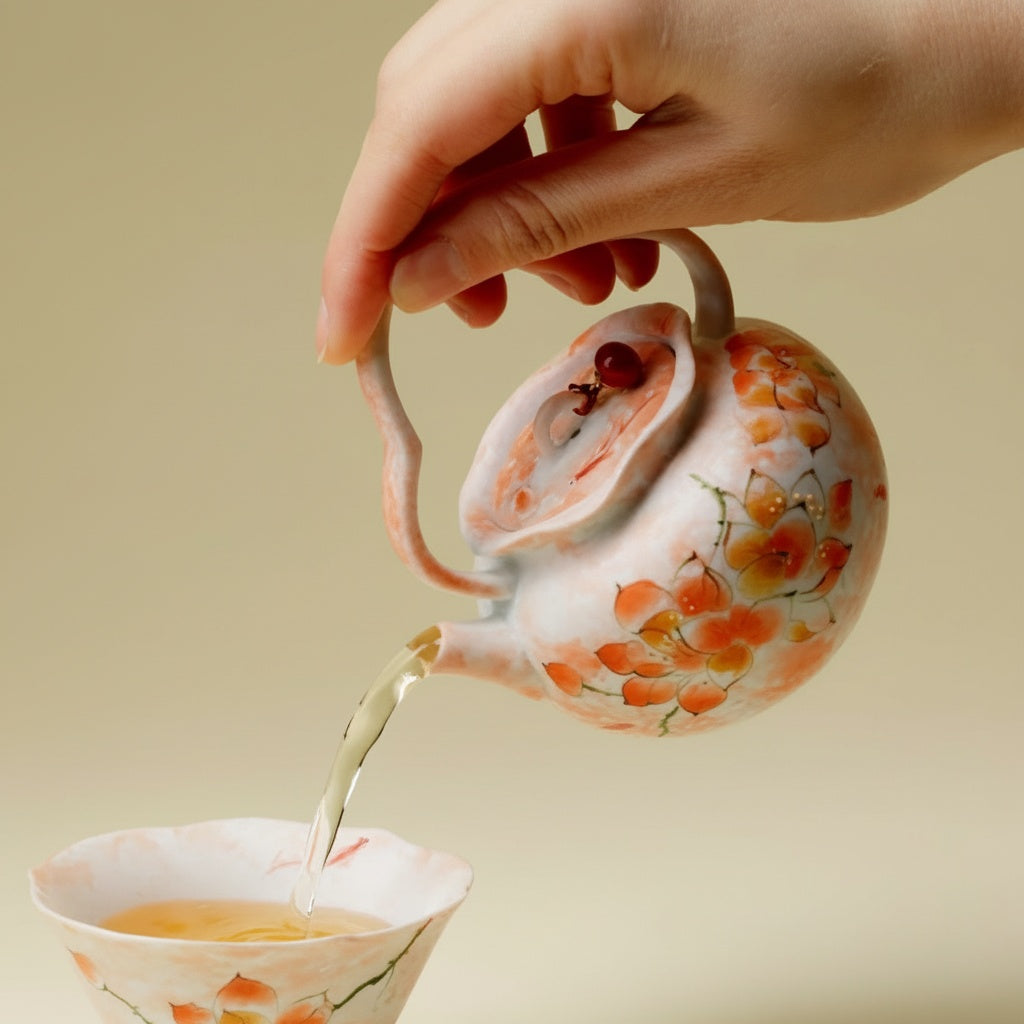 Painted Porcelain Floral Teapot pouring tea