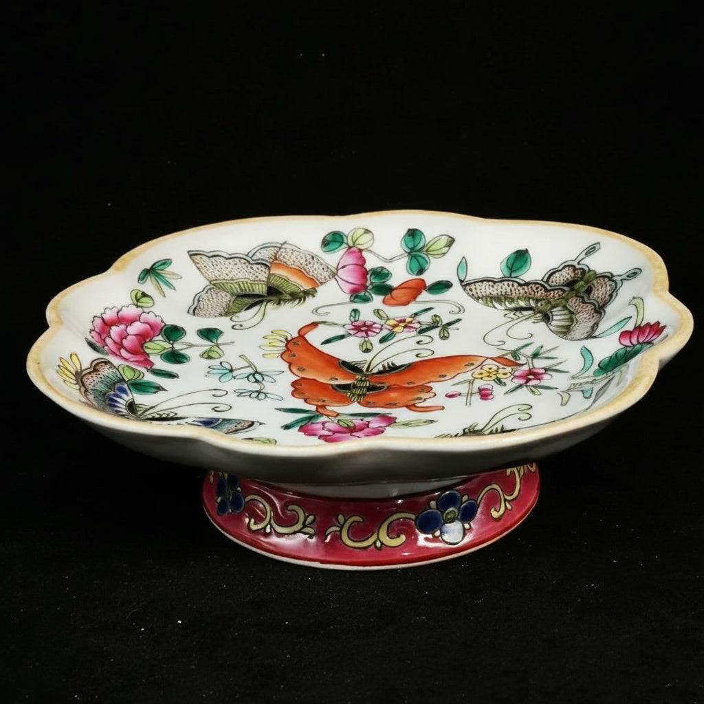 Painted Porcelain Scalloped Footed Dish