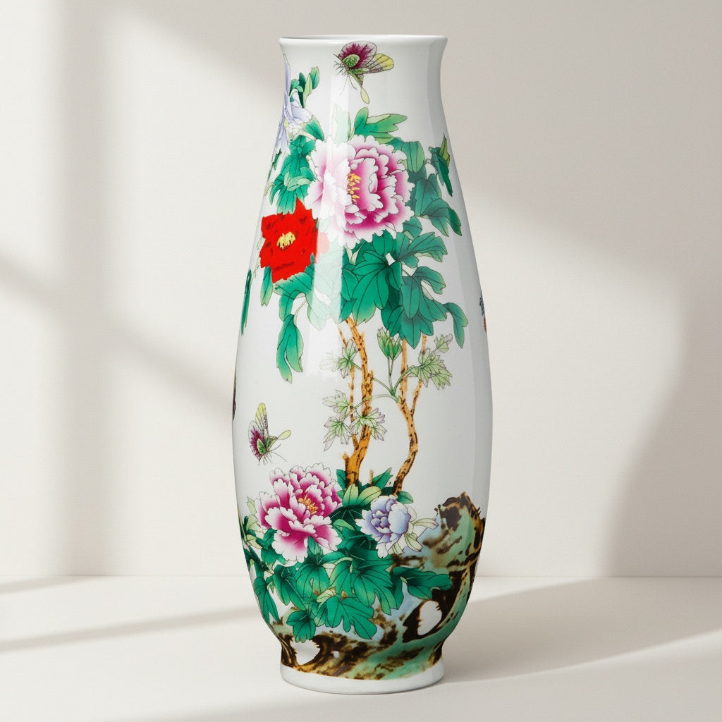 Painted Porcelain Tall Tapered Vase