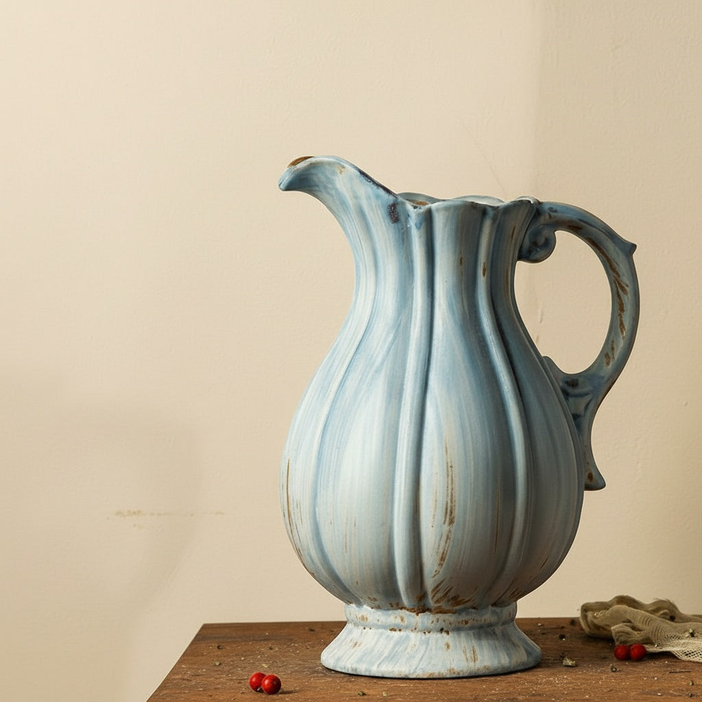 Pale blue glazed ceramic fluted pitcher with artisanal finish