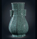 Front view of pale blue patterned glaze ceramic vase