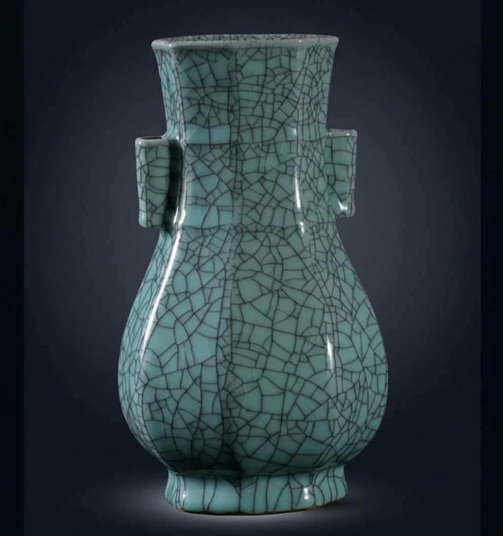 Front view of pale blue patterned glaze ceramic vase