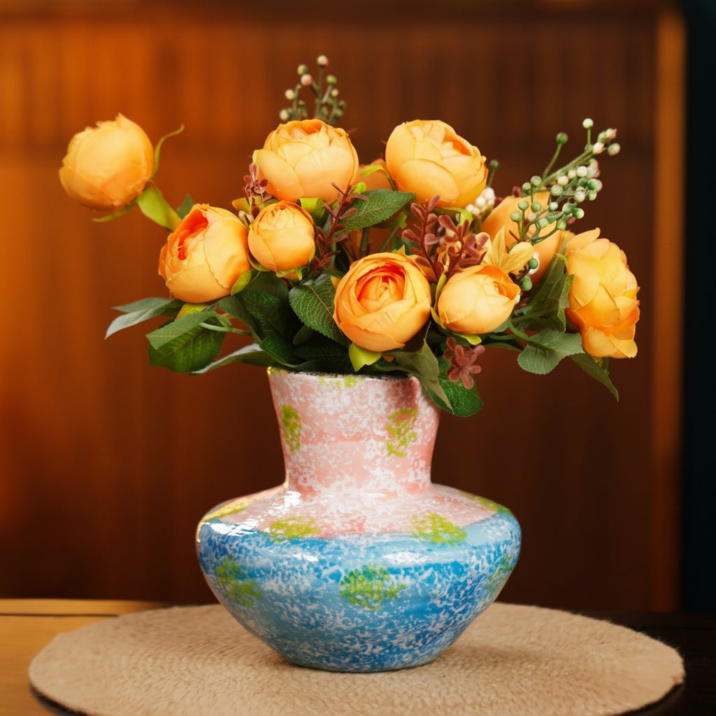 Pastel Patterned Ceramic Flared Vase with Orange Flowers