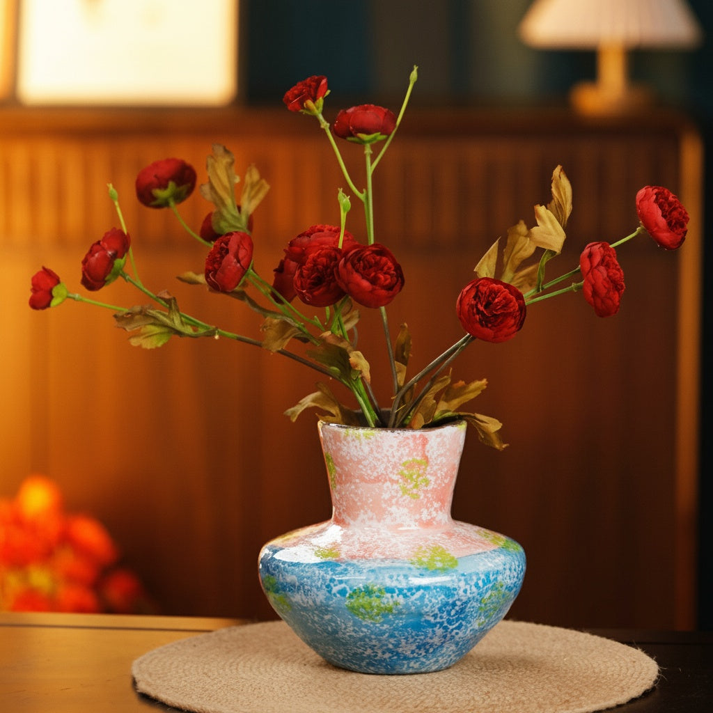 Pastel Patterned Ceramic Flared Vase with Red Flowers