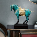 Large teal and gold copper horse statue side profile