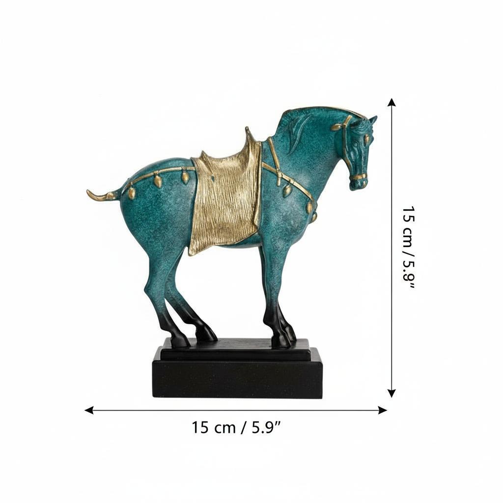 Side view of teal horse sculpture with gold saddle