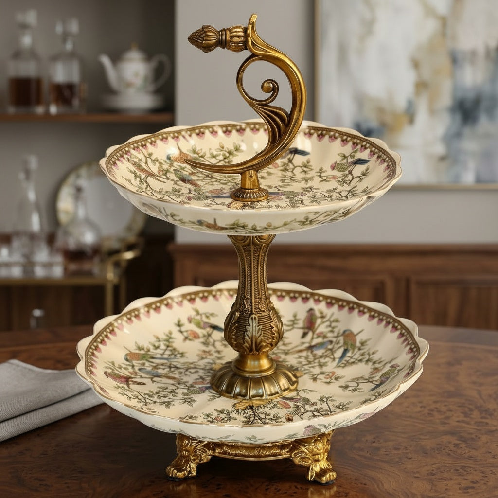 Patterned Ceramic And Brass Two Tier Serving Stand