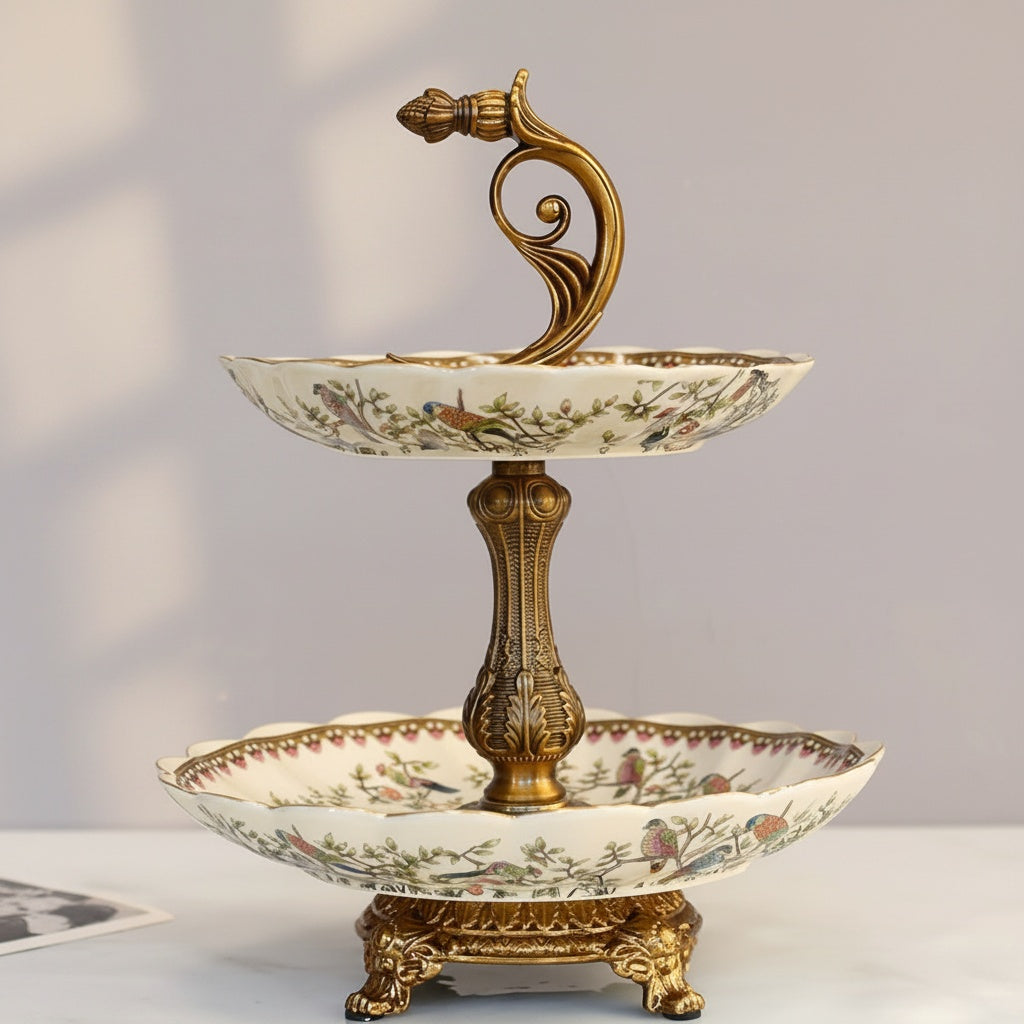Patterned Ceramic And Brass Two Tier Serving Stand