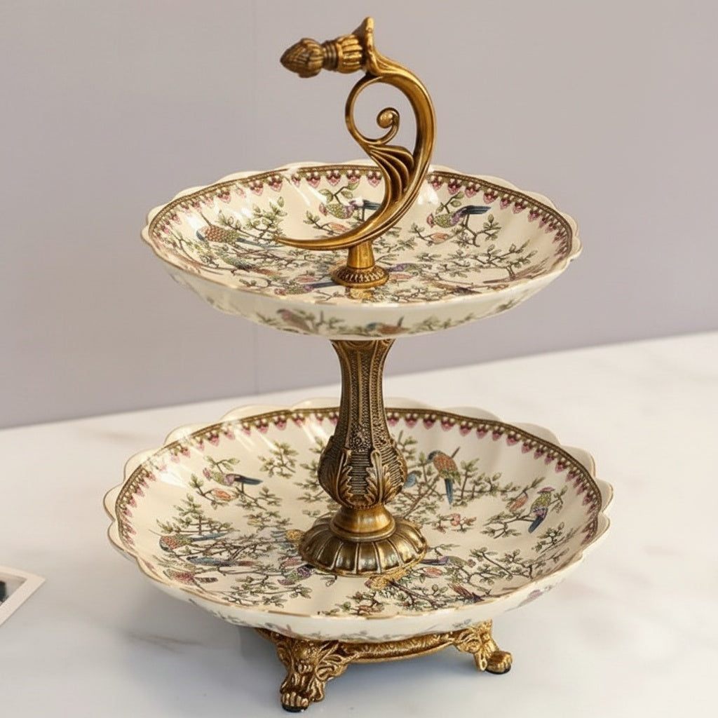 Patterned Ceramic And Brass Two Tier Serving Stand