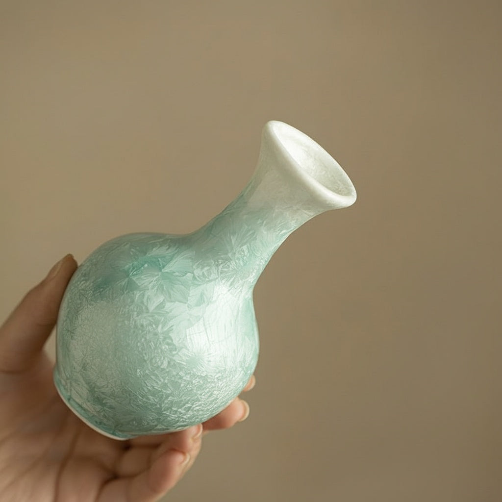 Hand holding patterned ceramic bud vase