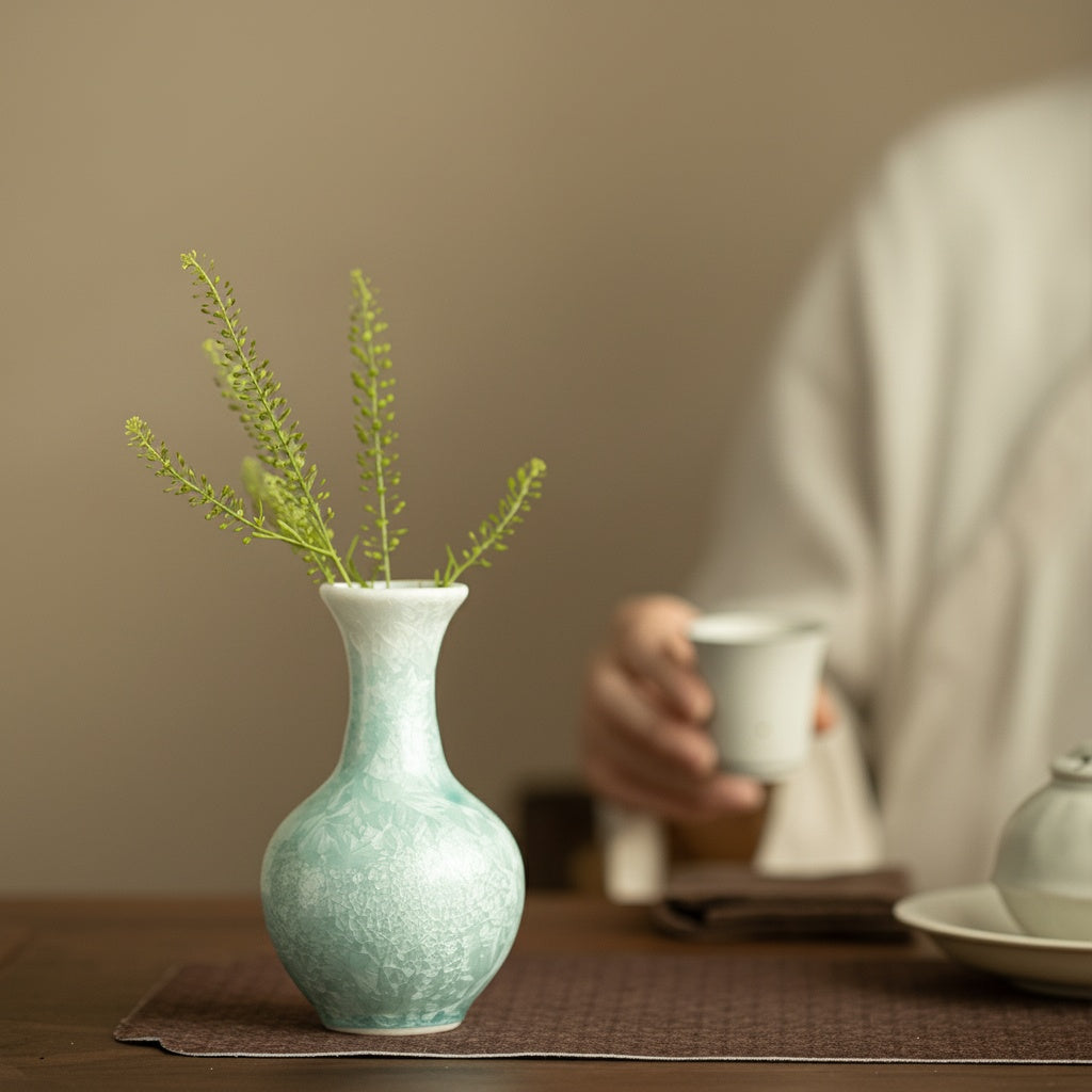 Patterned ceramic bud vase on tea table setting