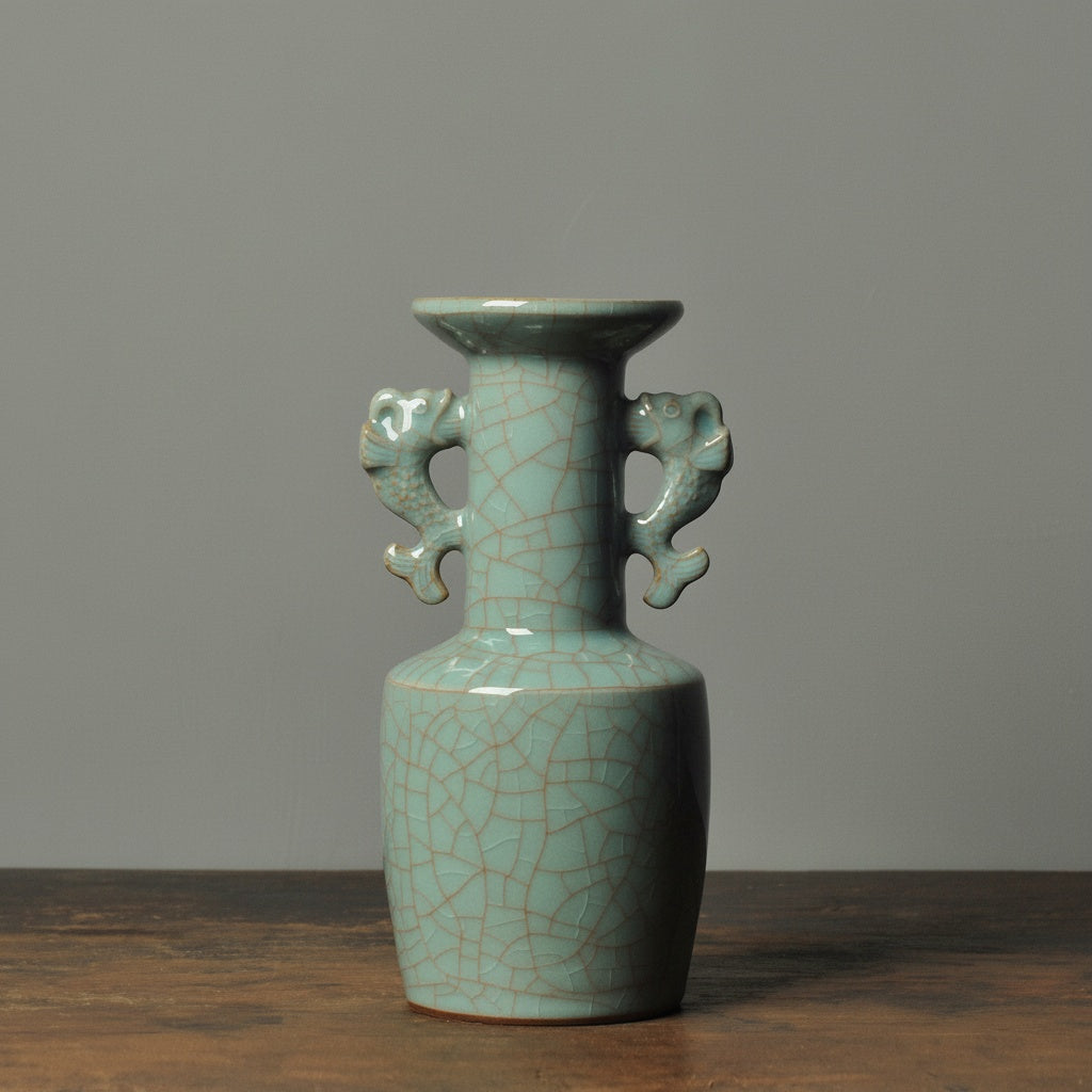 Front profile of the light blue patterned ceramic fish handle vase