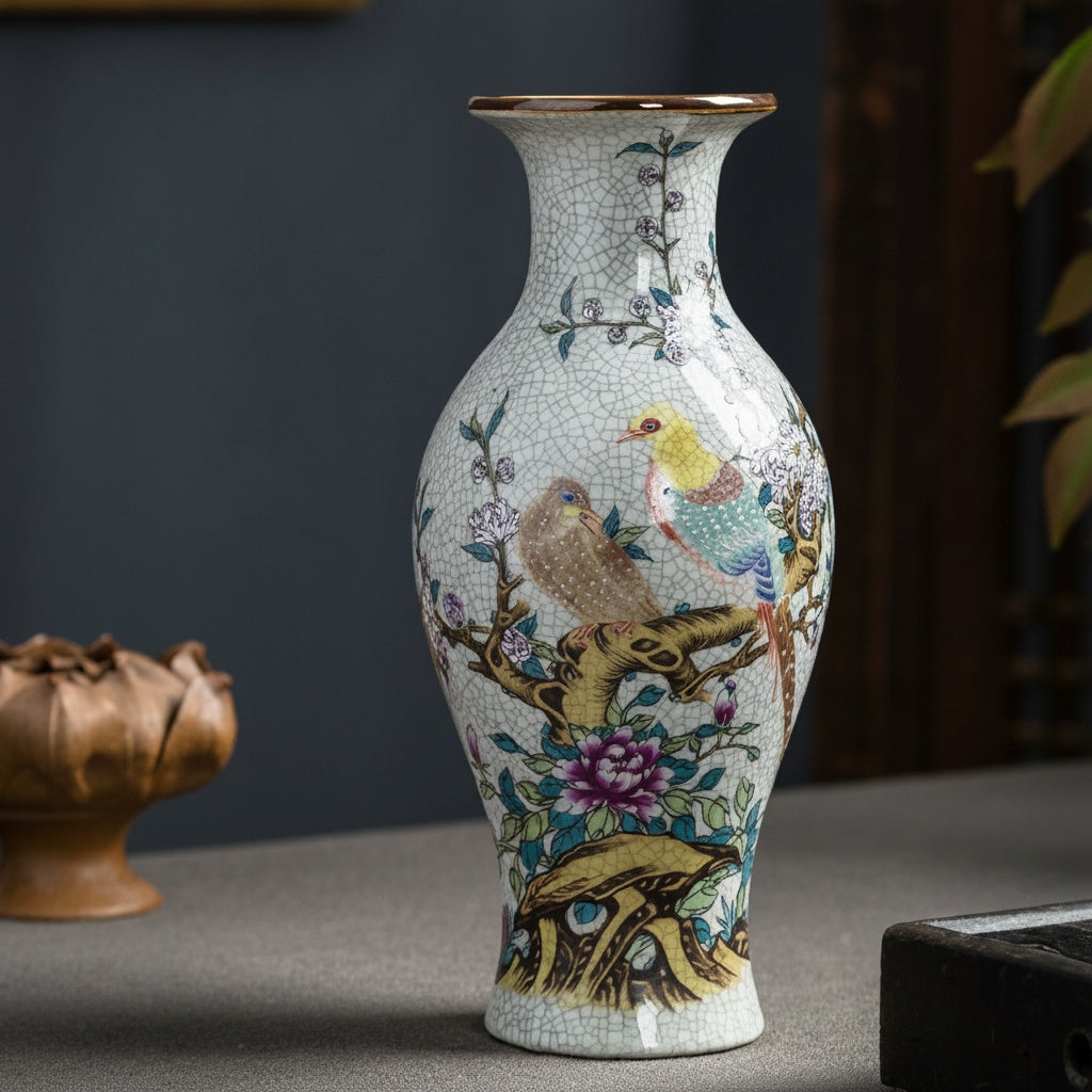 Patterned Ceramic Floral And Bird Vase