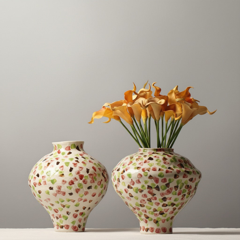 Patterned Ceramic Tapered Vases with Yellow Flowers