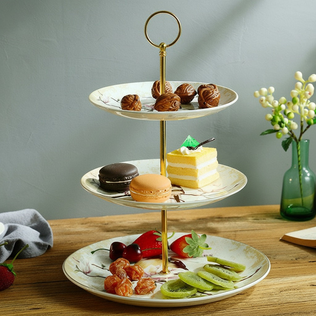 Floral patterned ceramic three tier serving stand with desserts