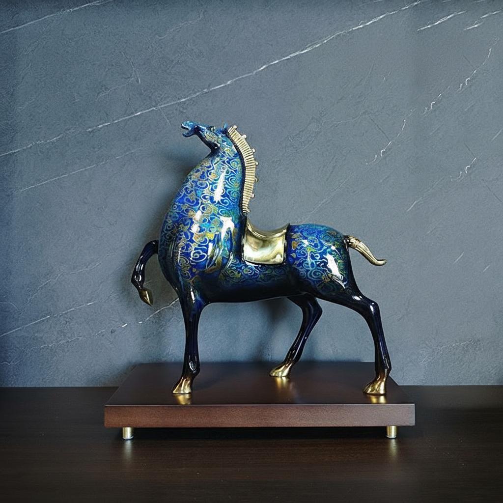 Blue patterned copper horse sculpture front view