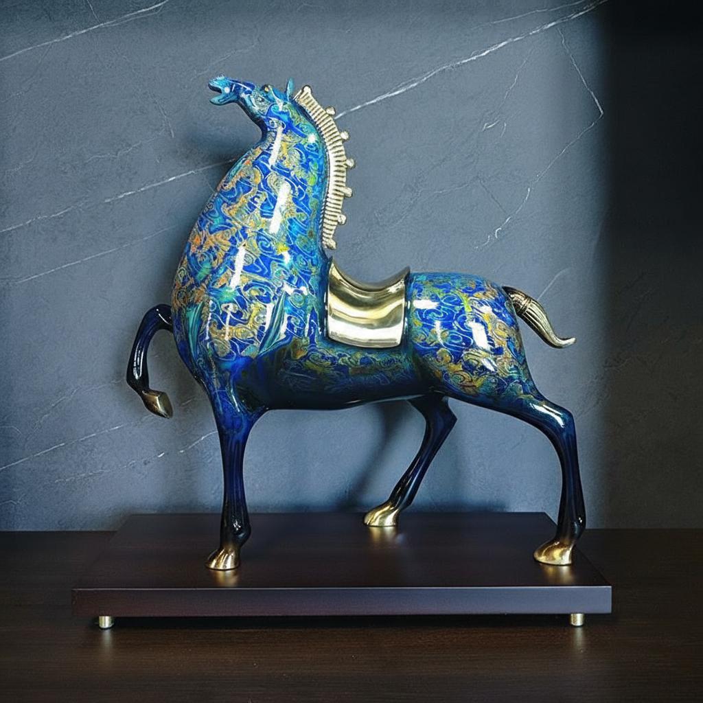 Blue patterned copper horse sculpture side profile