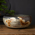 Front view of patterned stoneware vessel basin