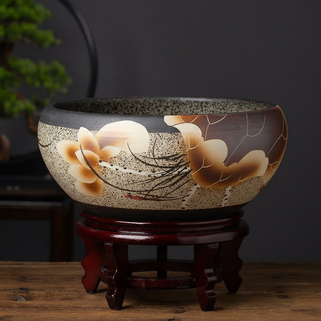 Patterned stoneware vessel basin on display stand