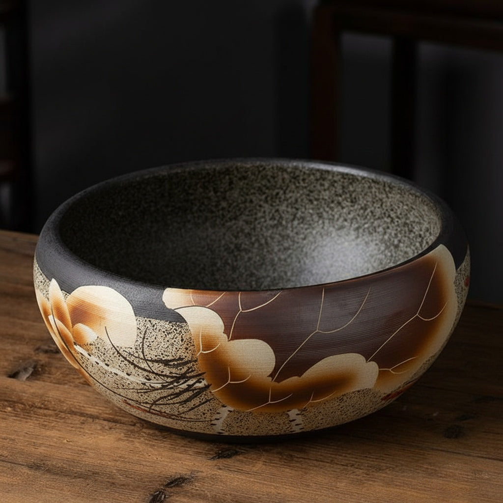 Interior view of round stoneware basin