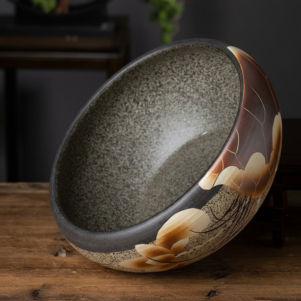 Angled side view of floral stoneware basin