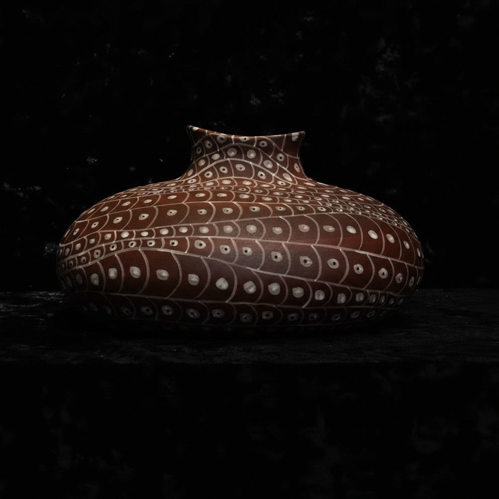 Side view of patterned terracotta vase in low light