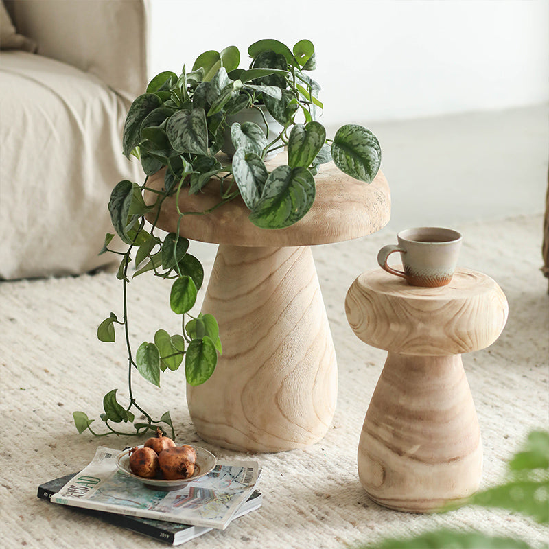 Organic paulownia wood mushroom stool with plants