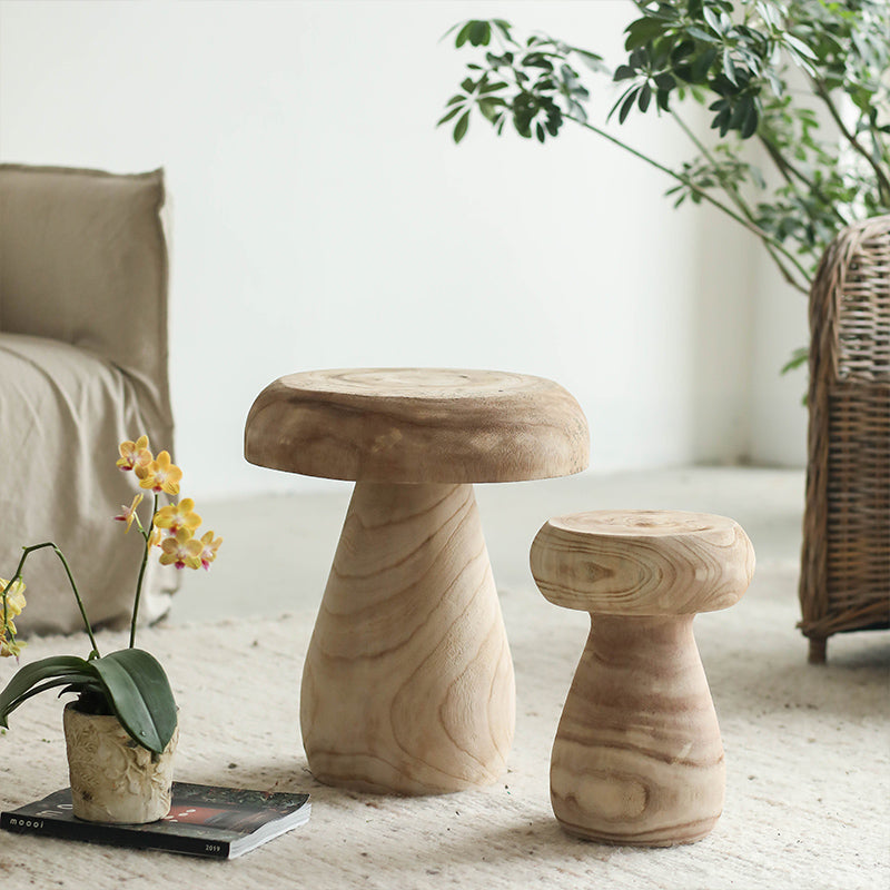 Large and medium natural wood mushroom side tables