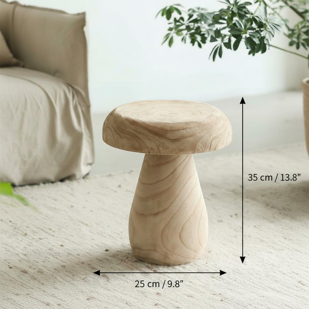 Solo view of natural wood mushroom stool