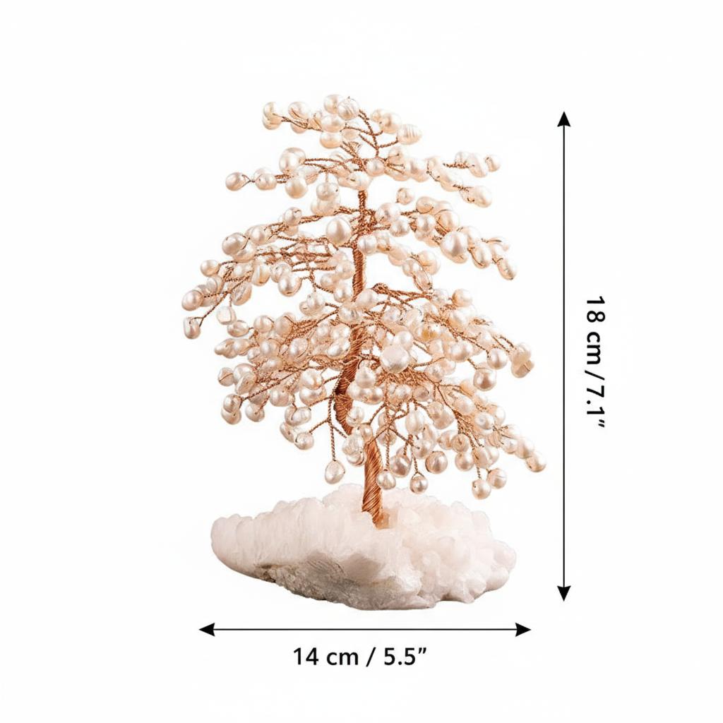 Full view of large handcrafted pearl tree on crystal