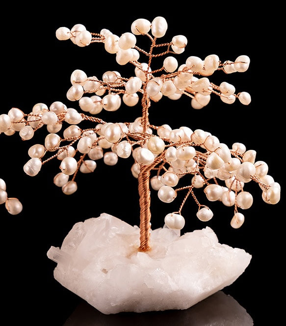 Low angle view of pearl tree on raw crystal base