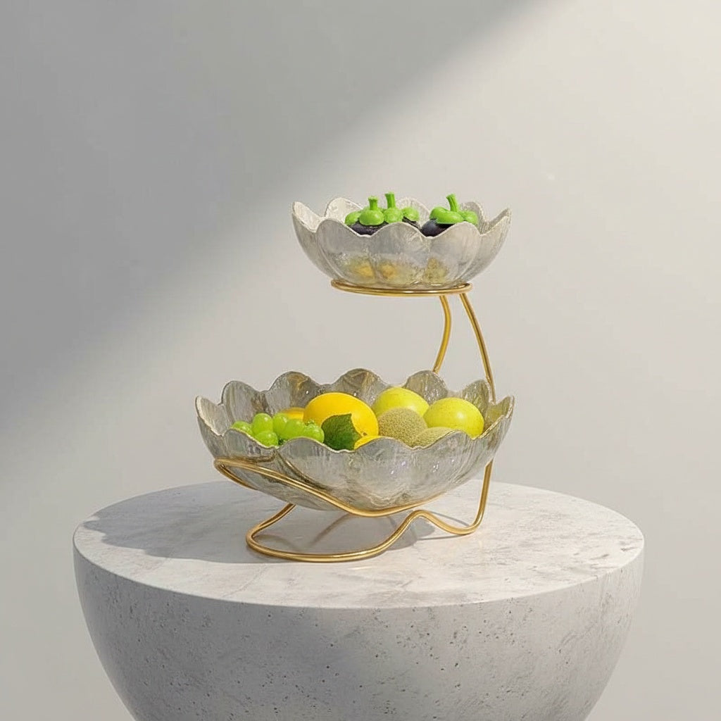 Two-tier pearlescent ceramic fruit bowl with fruit