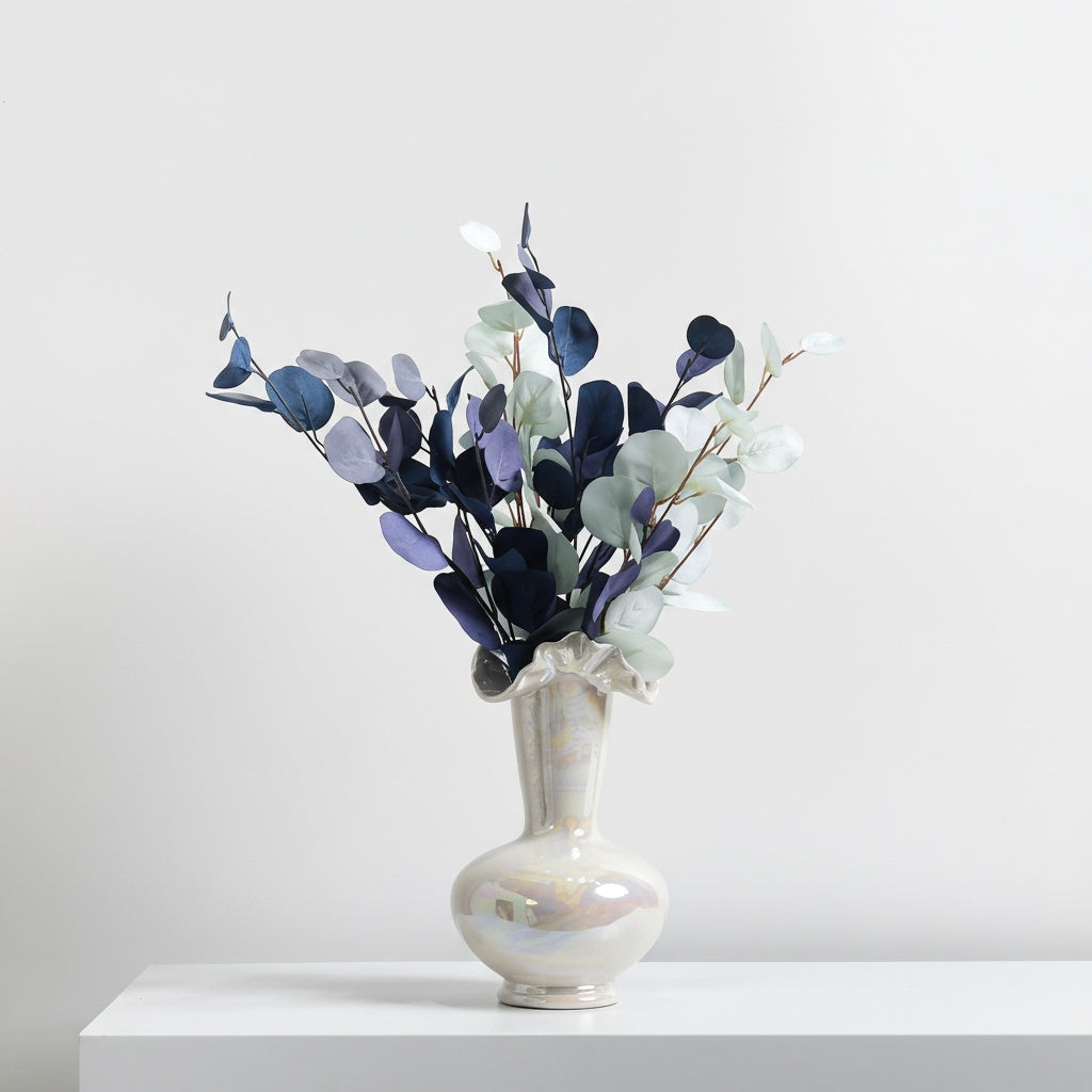 Large pearlescent ceramic vase with ruffled rim styling