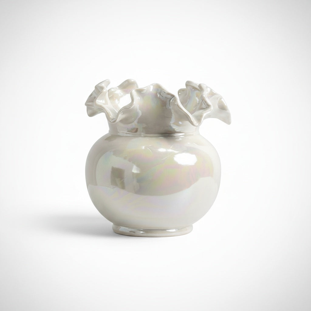 Medium pearlescent ceramic vase with ruffled rim detail