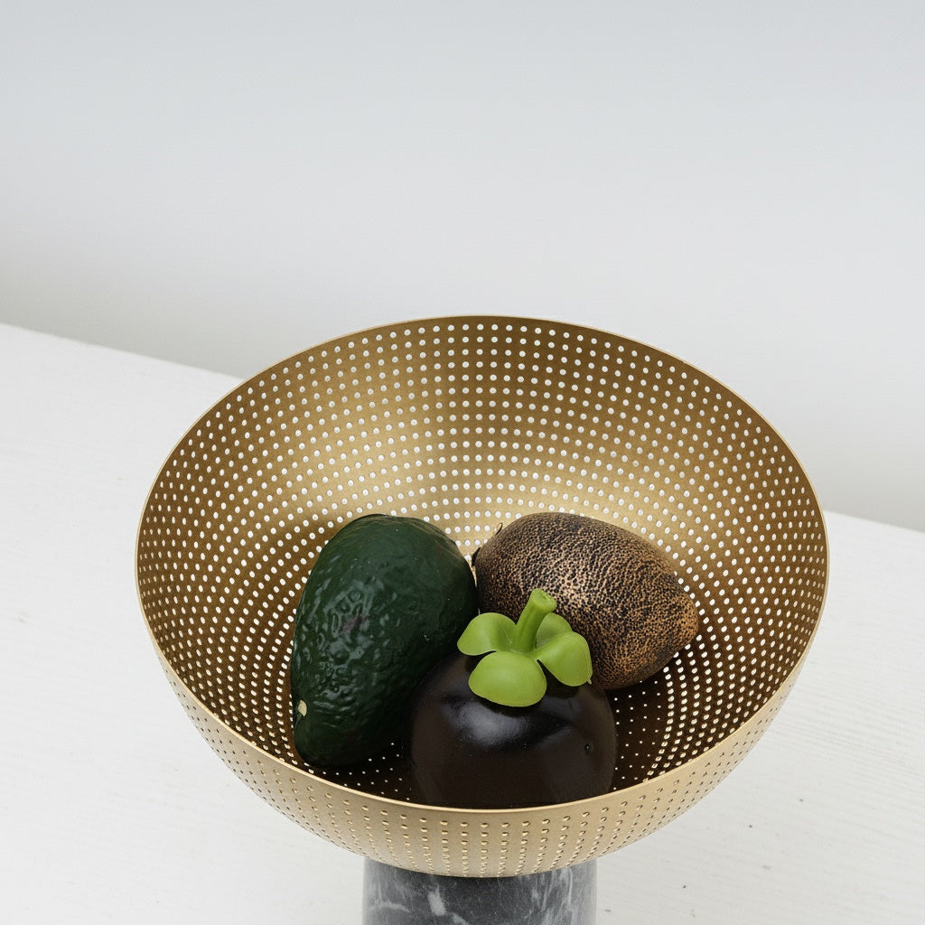 Perforated Brass & Black Marble Pedestal Bowl