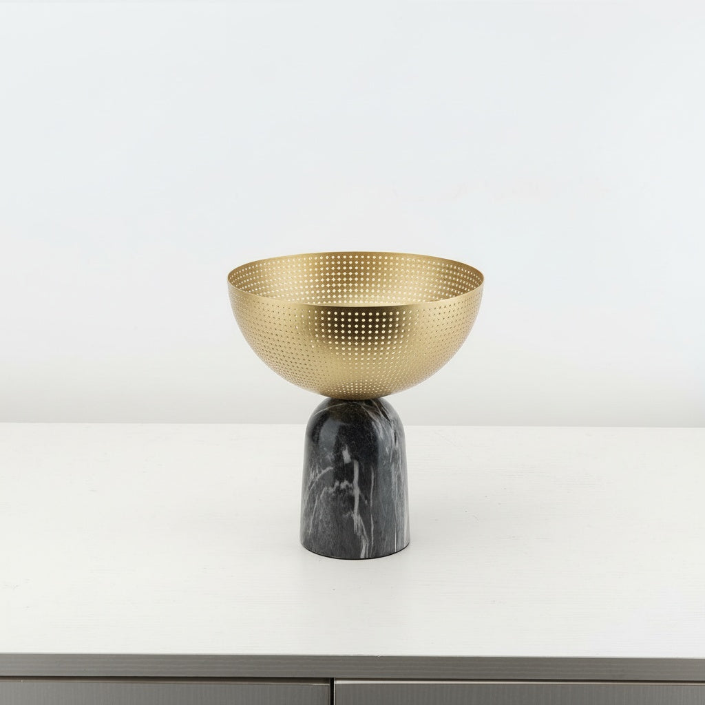 Perforated Brass & Black Marble Pedestal Bowl
