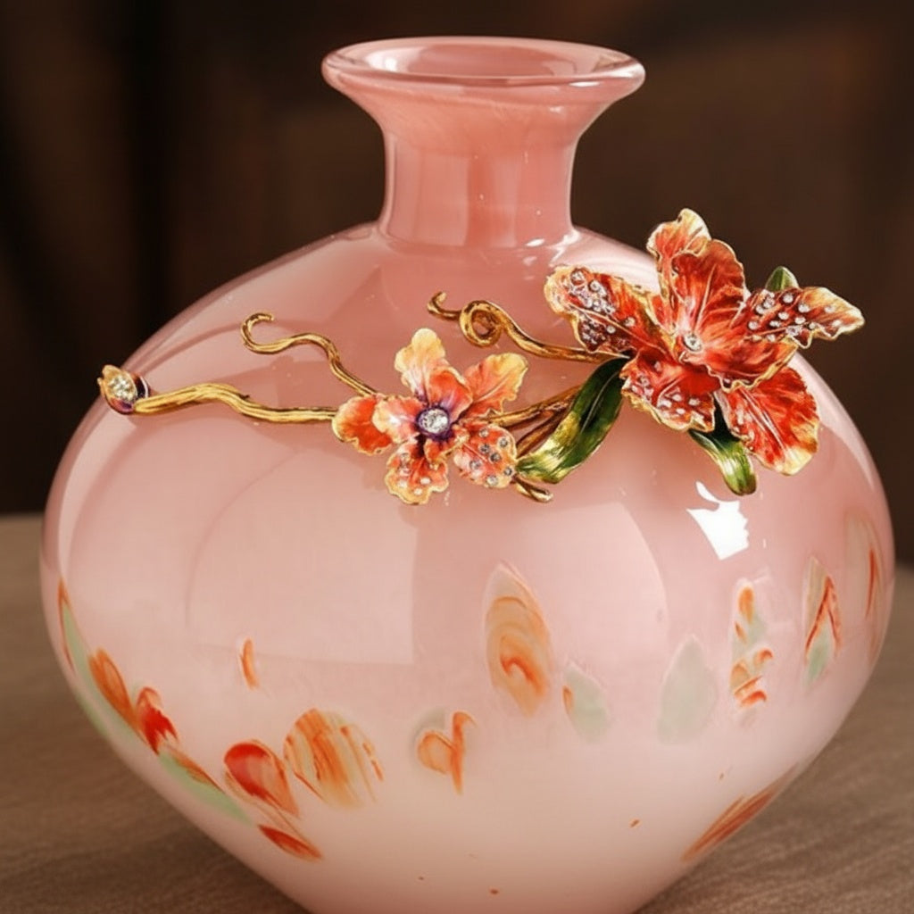 Close up of crystal and enamel flower detail on pink vase