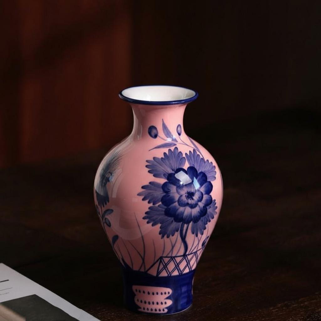 Side view of pink and blue floral vase