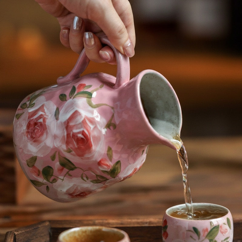 Hand pouring tea from a pink floral ceramic pitcher
