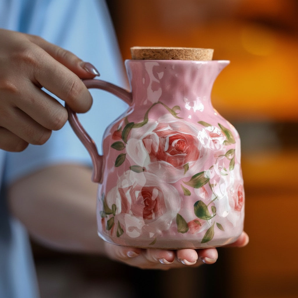 Person holding a pink ceramic floral pitcher with cork stopper