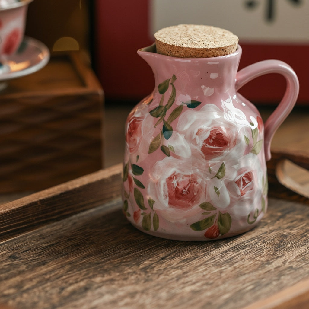 Pink ceramic floral pitcher resting on a wooden tray