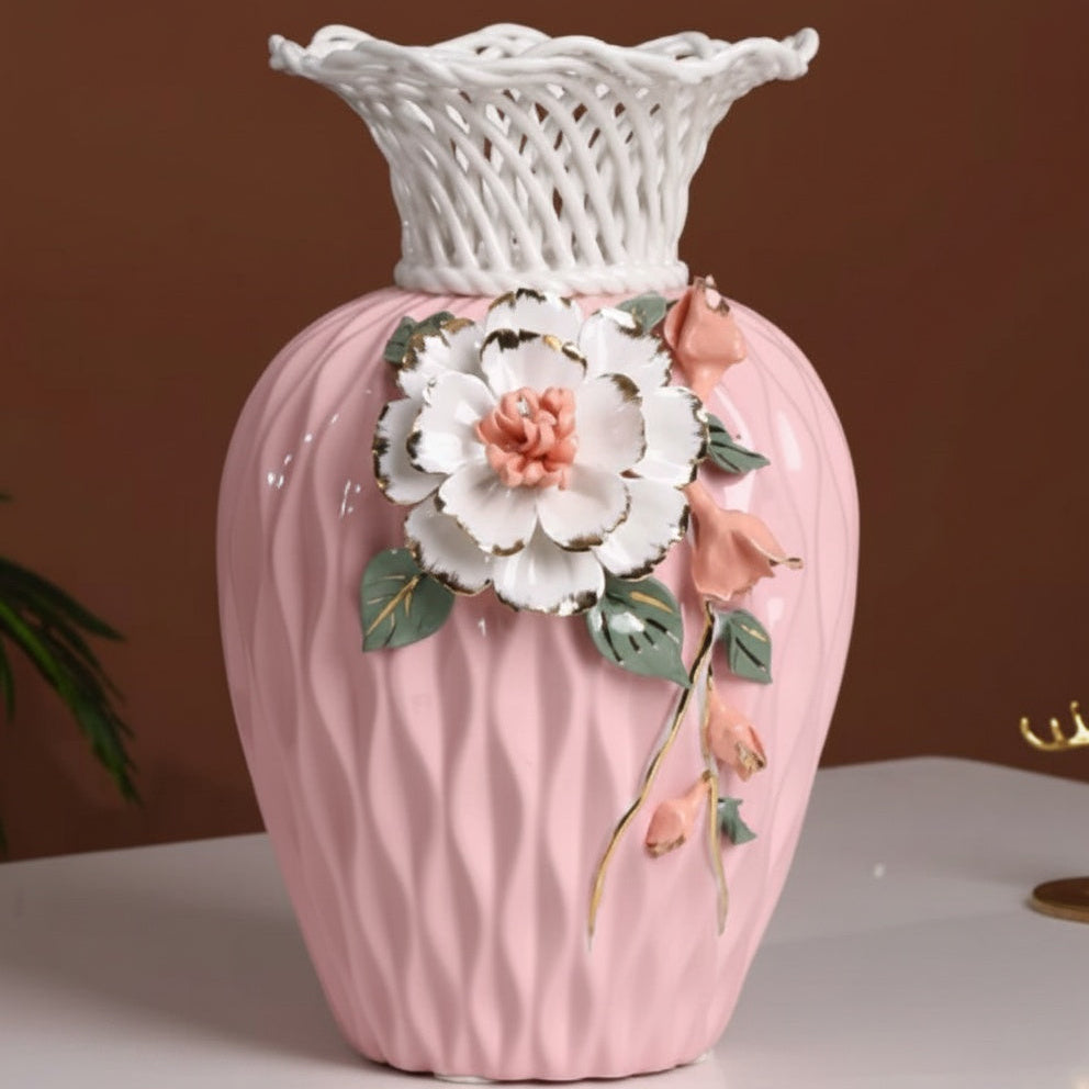 Pink Ceramic Sculpted Floral Vase