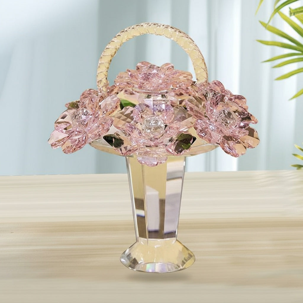 Front view of pink crystal flower basket figurine on table