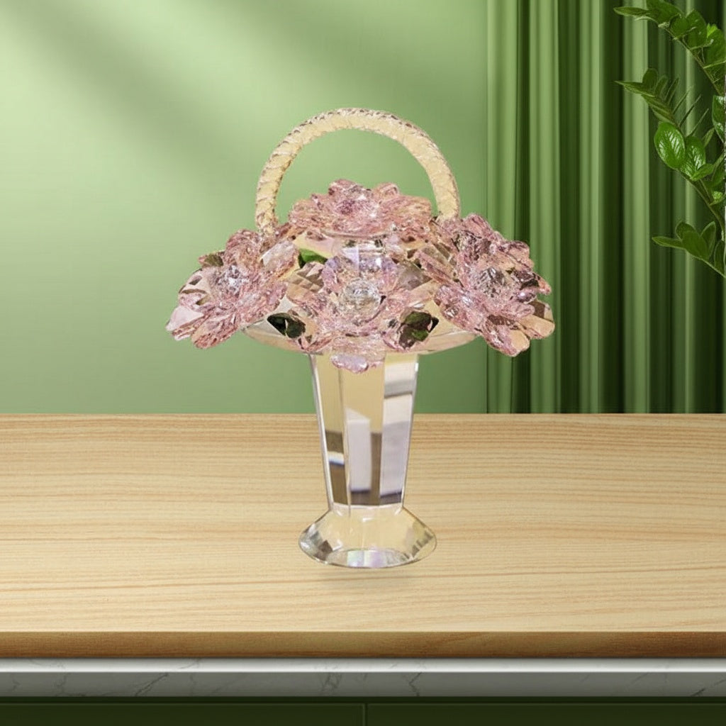 Pink crystal flower basket figurine displayed in home setting
