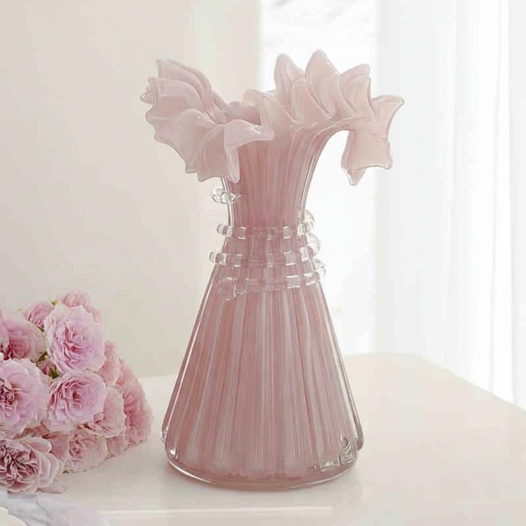 Empty pink ruffled rim vase next to pink roses